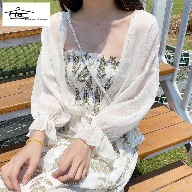 Áo Khoác Cardigan Chiffon Mỏng Chống Nắng Kèm Đầm Hai Dây Thời Trang Mùa Hè