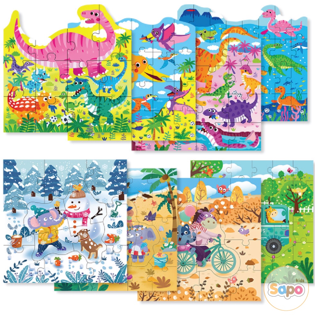 Bộ Xếp Hình 4 Cấp Độ Puzzle Theo Cấp Độ Từ Dễ Đến Khó 12,16,24,32 Miếng Chủ Đề Giao Thông, Bốn Mùa, Khủng Long