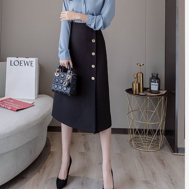 Chân váy dài ulzzang dáng chữ A lưng cao, Chân váy Midi xẻ tà dài qua gối công sở đẹp