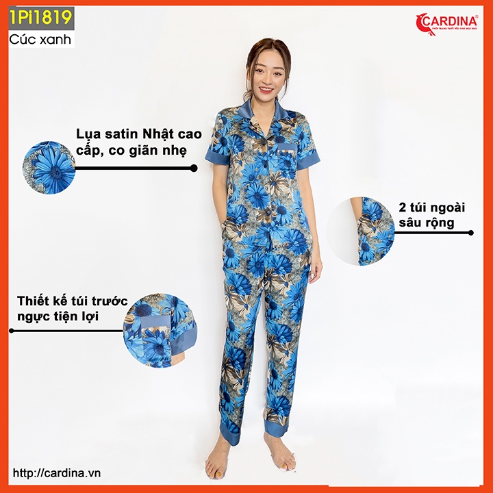 Đồ bộ pijama nữ CARDINA chất lụa satin Nhật cao cấp quần dài áo cộc tay họa tiết tinh tế trẻ trung 1Pi18.