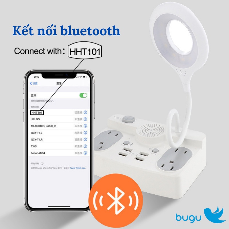 Đèn Học LED Để Bàn Tích Hợp Loa Bluetooth Và Ổ Cắm Điện Đa Năng Có 4 Cổng USB 3.5A Bugu HHT101 Có Giá Đỡ Điện Thoại