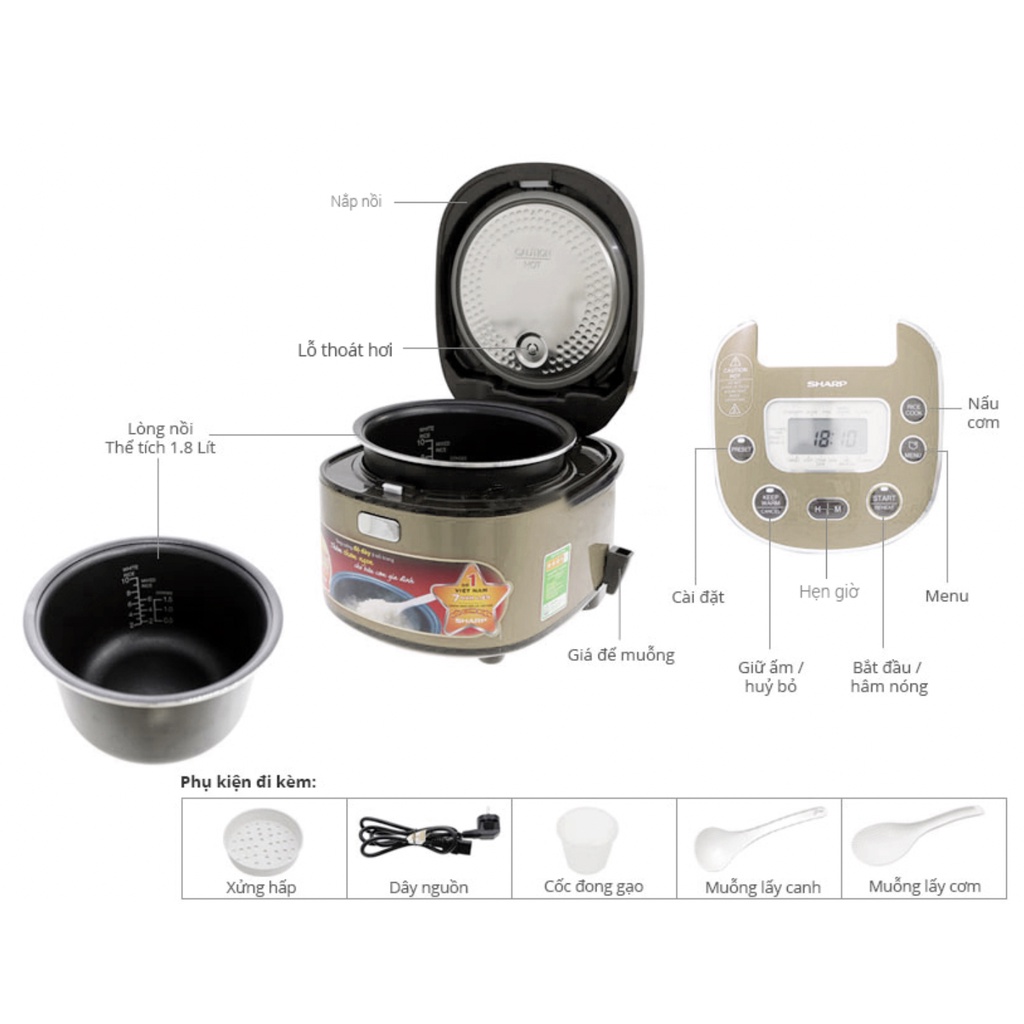 Nồi Cơm Điện Tử Sharp KS-TH18-GL - Hàng chính hãng