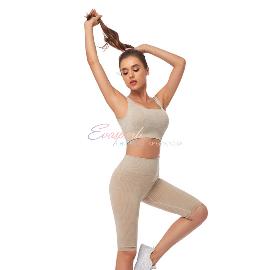 Set Bra Dệt Sọc Quần Đùi Cap Cao Tập Gym Thể Thao Yoga Vải Dệt Kim Thấm Hút Mồ Co Dãn Tốt EVASPORT