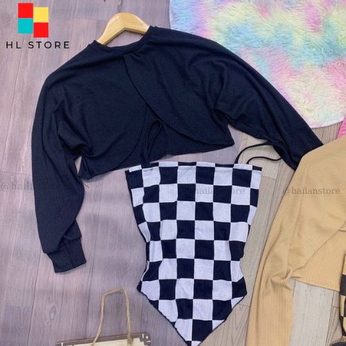 Set 2 áo gồm áo hai dây kẻ caro + áo khoác len tay dài màu trơn chất thun gân mỏng co giãn tốt phong cách Ulzzang