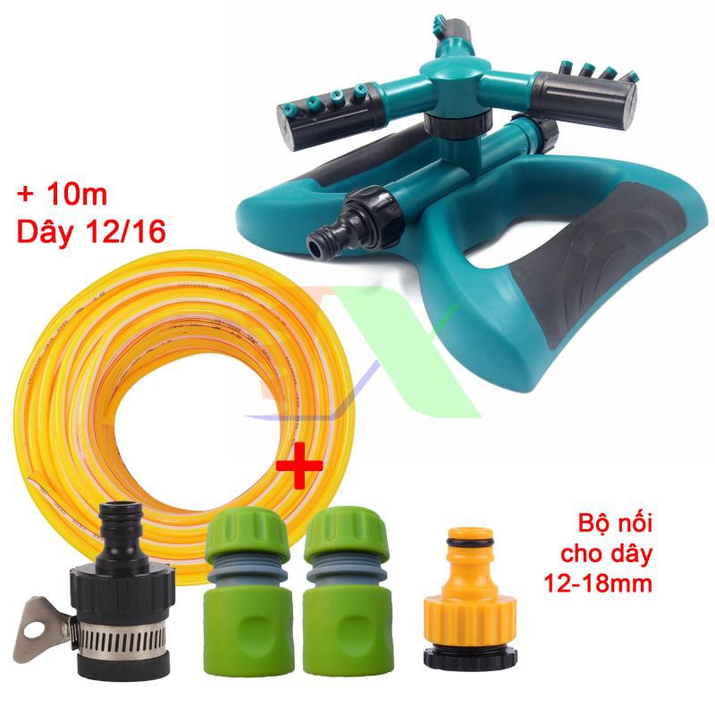 Bộ tưới đầy đủ Đầu tưới 3 cánh xoay 360° - Chân đế cánh bướm kèm 10m dây