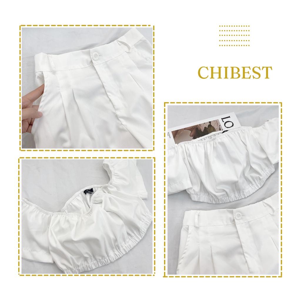 Set đồ nữ trắng áo croptop chun trễ vai phối quần dài xuông ống rộng xếp ly eo CHIBEST ASB43