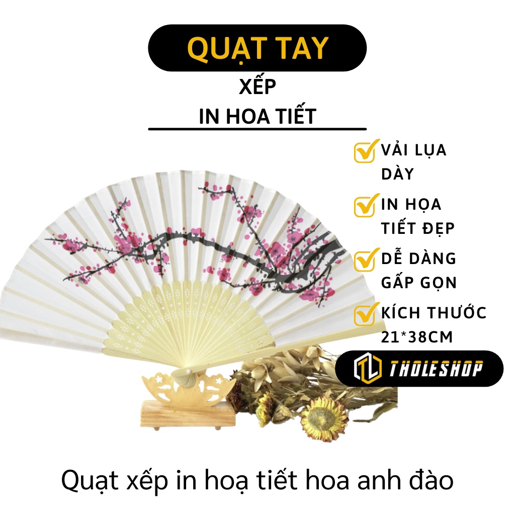 Quạt Xếp - Quạt Vải Lụa Dày Trơn In Họa Tiết Không Phai Màu, Tay Cầm Chắc Chắn 5995