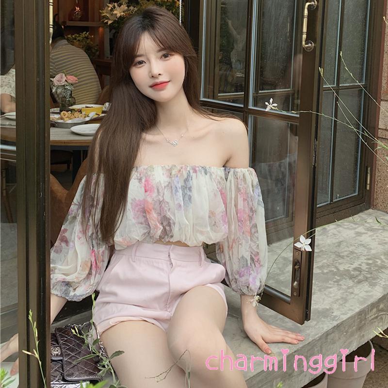 Áo Croptop Trễ Vai Tay Lửng Hở Lưng In Họa Tiết Hoa Thời Trang Mùa Hè Cho Nữ