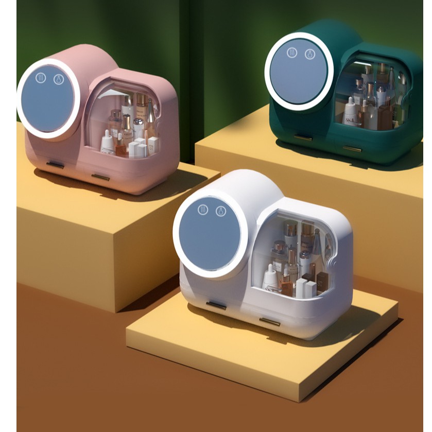 [Sẵn Hồng] Tủ mỹ phẩm tích hợp gương + đèn LED + quạt hỗ trợ trang điểm, Skin care - Hộp đựng mỹ phẩm đa năng