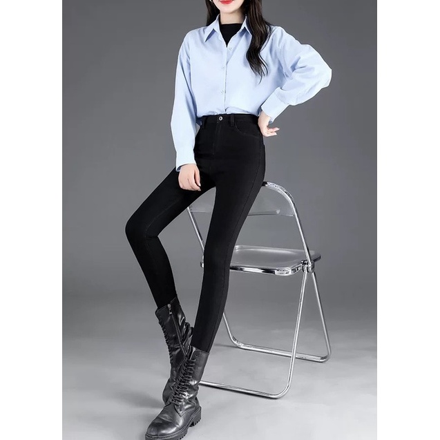Quần Jean Nữ LULIIJEANS Lưng Cao, Skinny Ôm Co Giãn Chất Đẹp Ống Đứng Lai Cuốn Cạp Cao Trơn Dài Basic | BigBuy360 - bigbuy360.vn