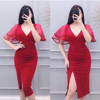 Đầm body tay lưới xẻ tà