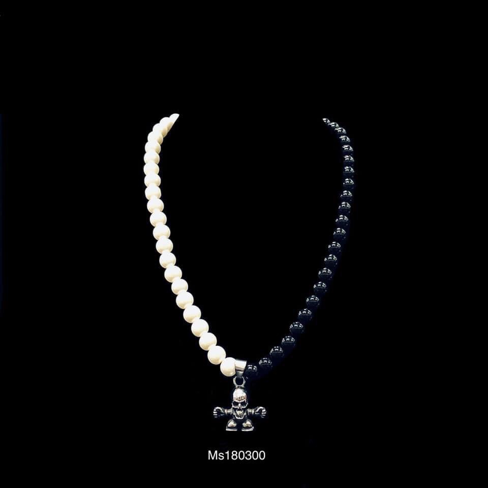 vòng cổ dây đá kim sa xanh mix hạt ngọc + mặt dây chuyền hình robot cá tính