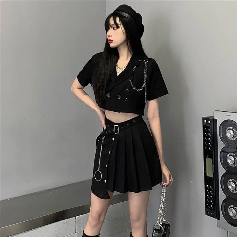 Bộ Áo Ngắn Tay+Chân Váy Xếp Ly Lưng Cao Xinh Xắn Dành Cho Nữ