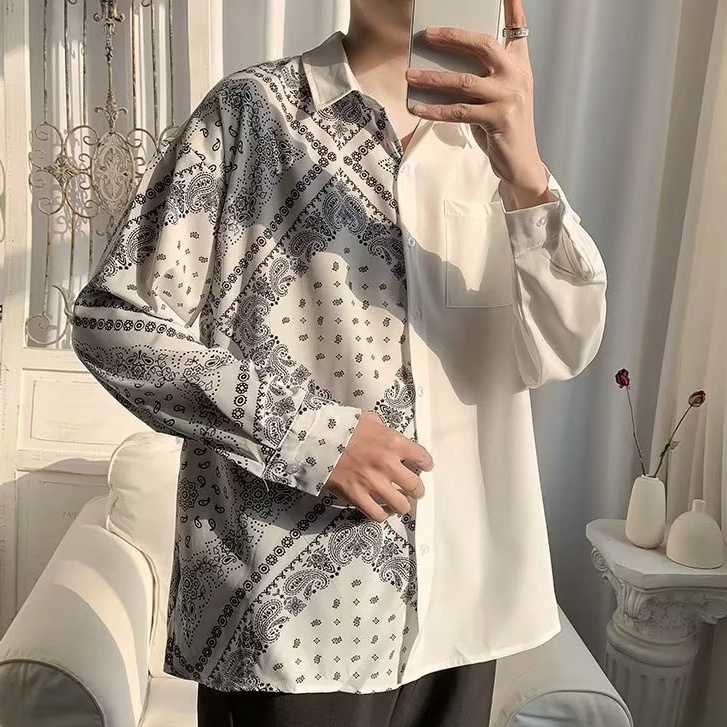 Áo Sơ Mi Tay Dài Dáng Rộng In Họa Tiết Kiểu Retro Nhật Hàn Thời Trang Cho Nam