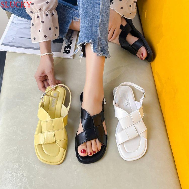 ##Giày Sandal Hở Ngón Mũi Vuông Đế Bệt Thấp Bằng Da Mềm Phong Cách La Mã Có Khóa Cài Cho Nữ