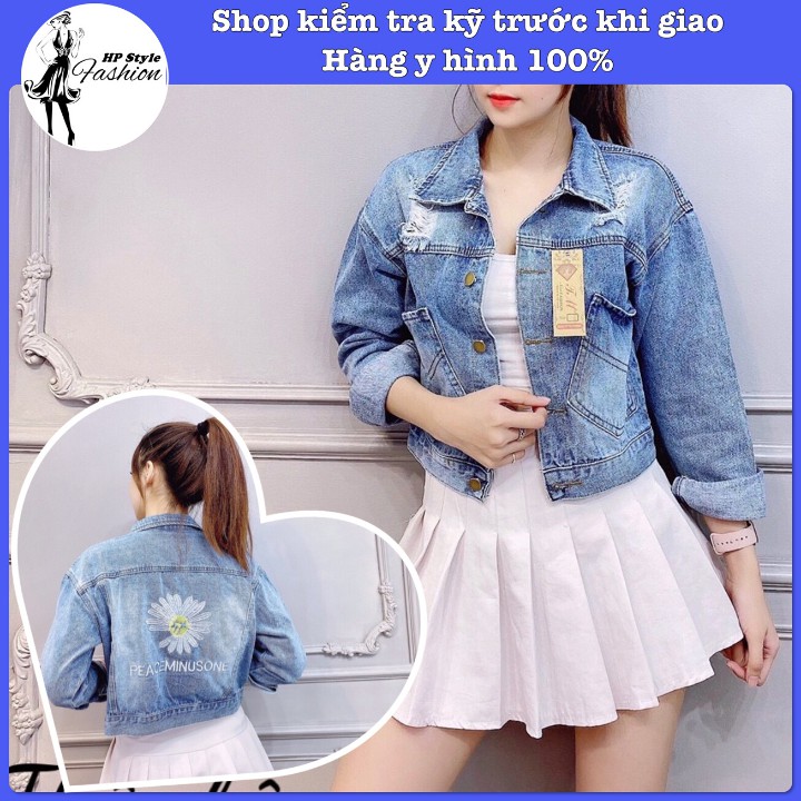 Áo Khoác Jean Nữ Thêu Hoa Cúc Sau Lưng Túi Rộng Cào Rách Thời Trang Mẫu Mới Hot Trend