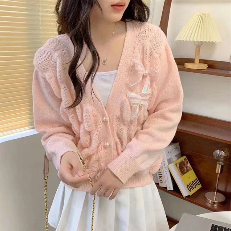 Áo dệt kim IELGY tay dài dáng rộng cổ chữ V phối thắt nơ xinh xắn cho nữ