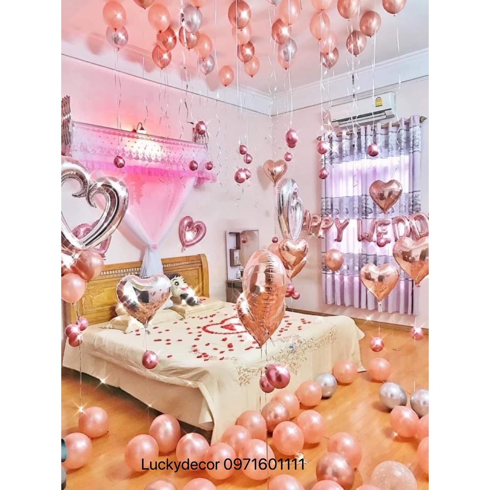 (Tặng Bơm Tay Keo Dán) Bộ Bóng Bay Trang Trí Phòng Cưới Happy Wedding Rose Gold KI02