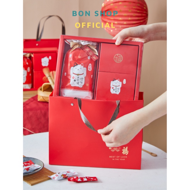 Set Hộp và Túi nắp trong mẫu Mèo Thần Tài đựng Bánh Trung Thu, Quà Tết, Bánh Kẹo, Mứt Handmade