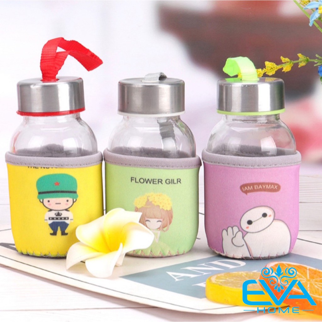 Bình Đựng Nước Thuỷ Tinh Mini Nắp Dây Xách 150 Ml Có Vỏ Bọc Vải Giữ Nhiệt In Hoạ Tiết M3040