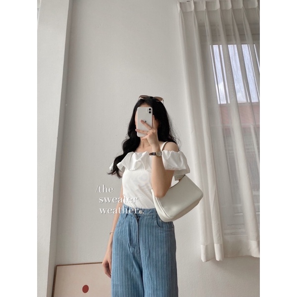 Áo trễ vai trắng thun co dãn ( Ảnh thật )
