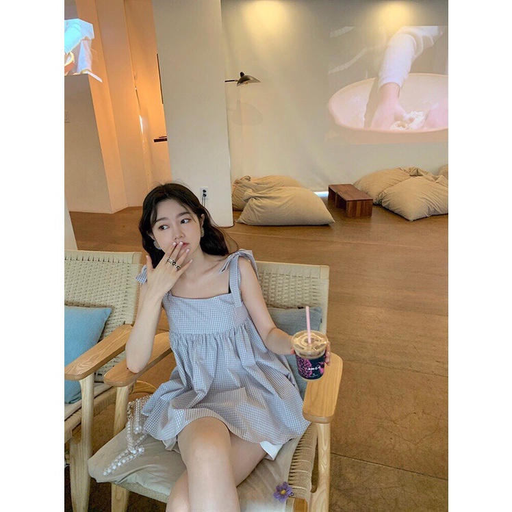 Set Áo Babydoll 2 Dây Buộc Nơ Caro Kẻ Xanh Kèm Quần Trắng Forgirl - SET ÁO 2S KẺ Xanh Xốp + Quần Sooc Đùi Trắng