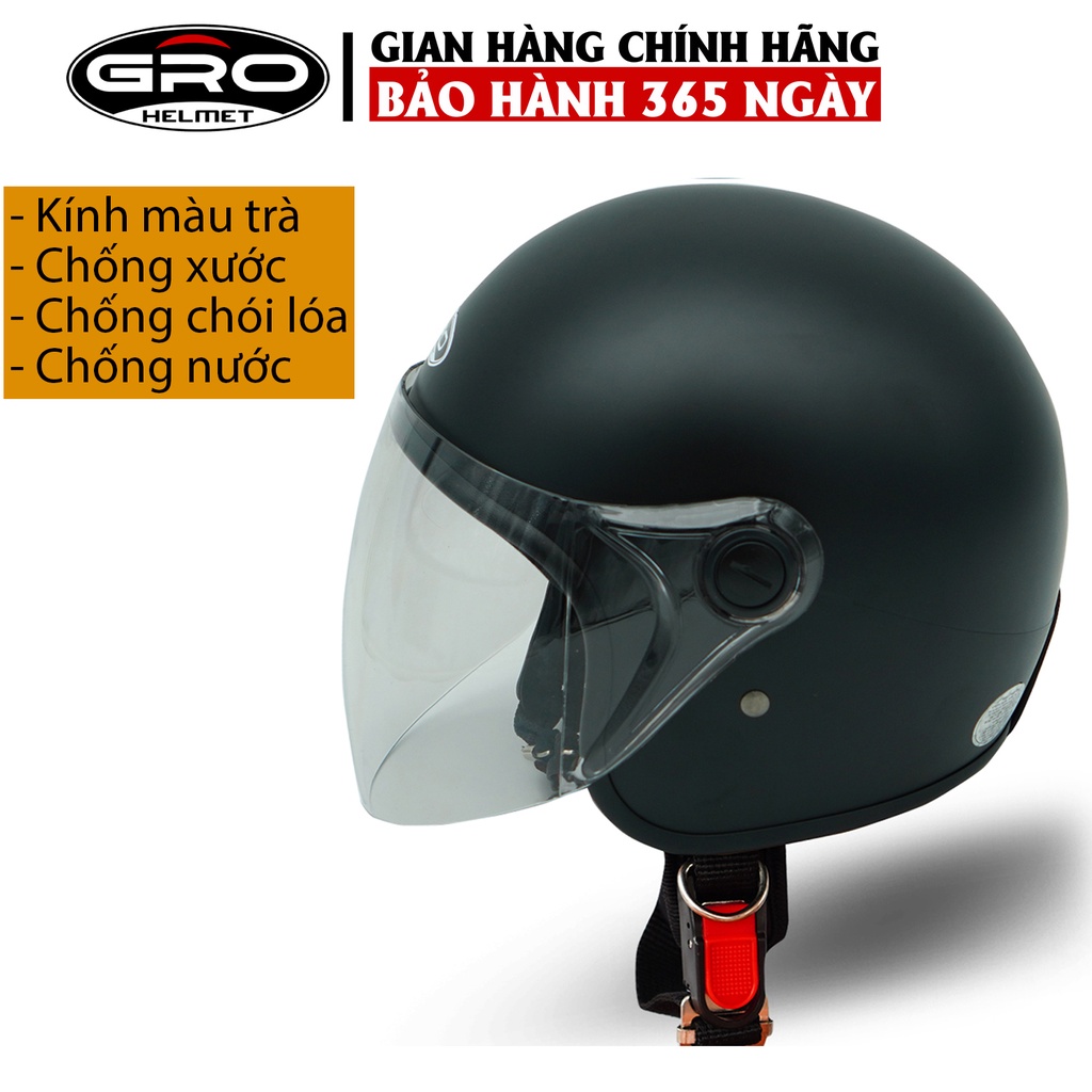 Mũ Bảo Hiểm 3/4 đầu GRO Helmet T818 có kính dài che cả mặt, kiểu dáng thời trang cho nữ, khóa kim loại - Đen Nhám