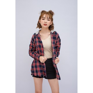 Áo Sơ Mi BOO nữ oversized phối mũ nỉ Boo