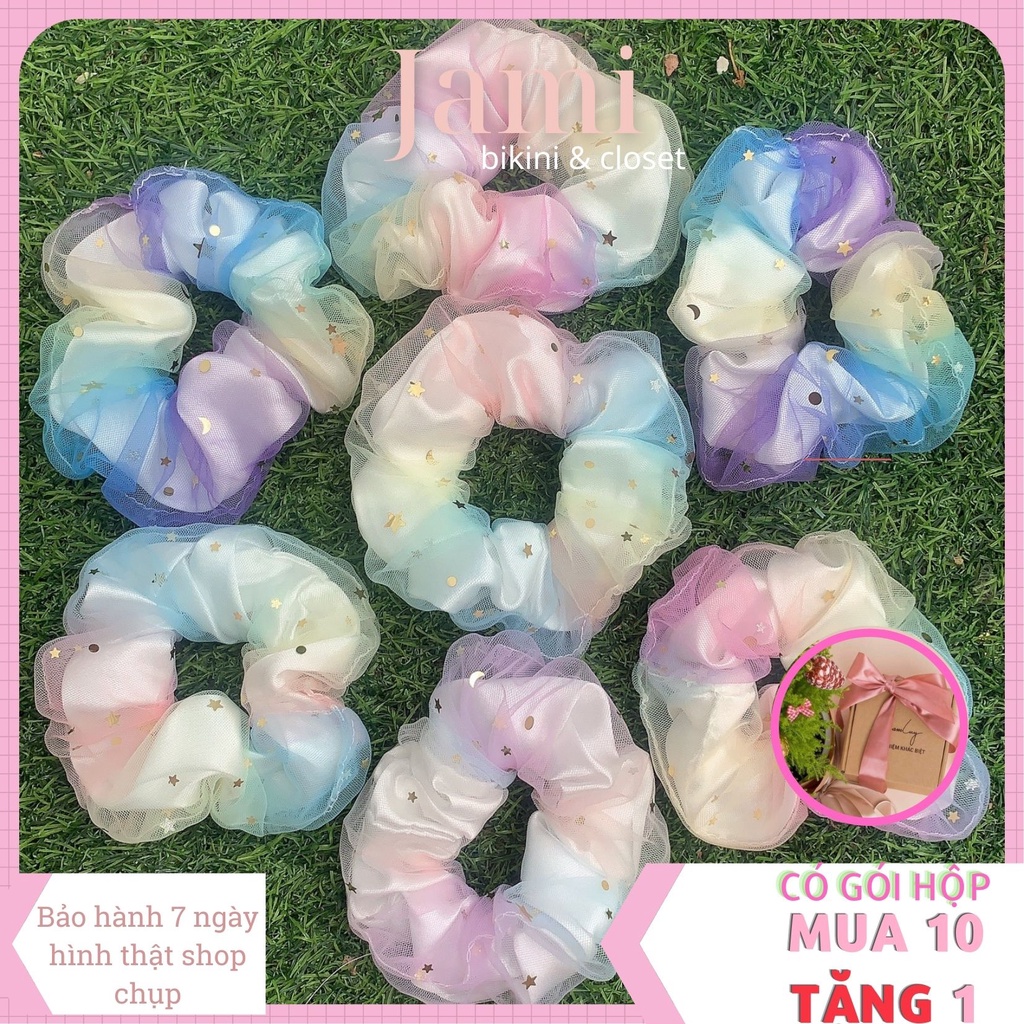 Dây buộc tóc, cột tóc scrunchies càu vòng 2 lớp siu to size 13cm lụa hàn quốc phối lưới