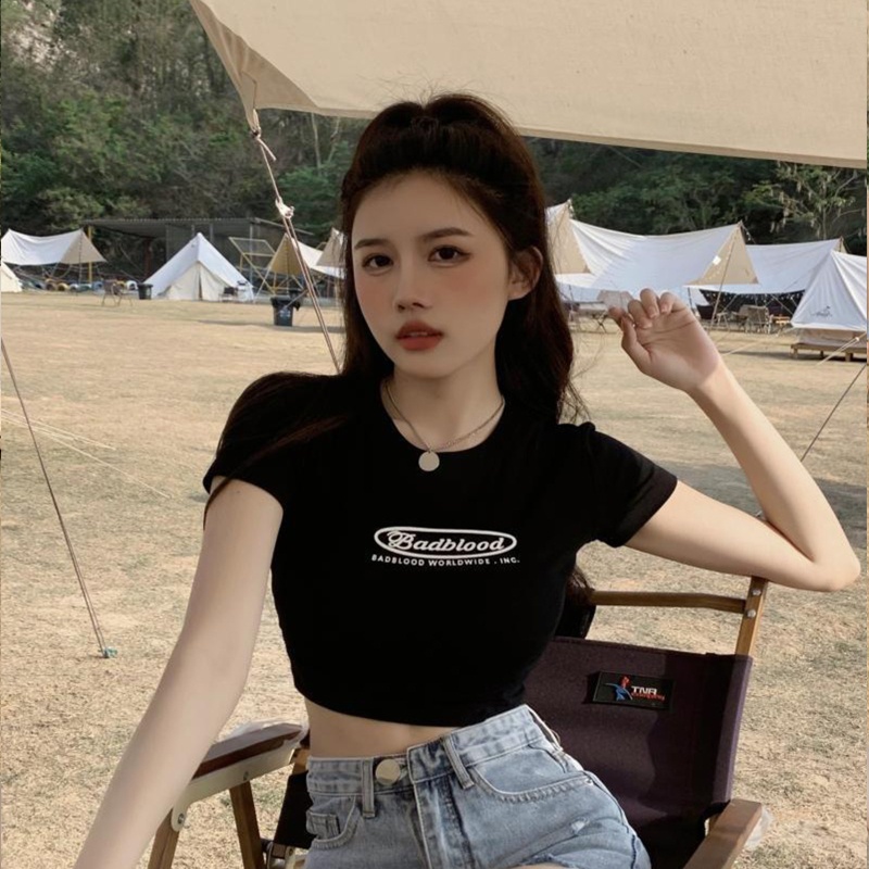 Áo Thun Croptop Tay Ngắn Cổ Tròn In Chữ Phong Cách Harajuku Vintage Thời Trang Mùa Hè Cho Nữ