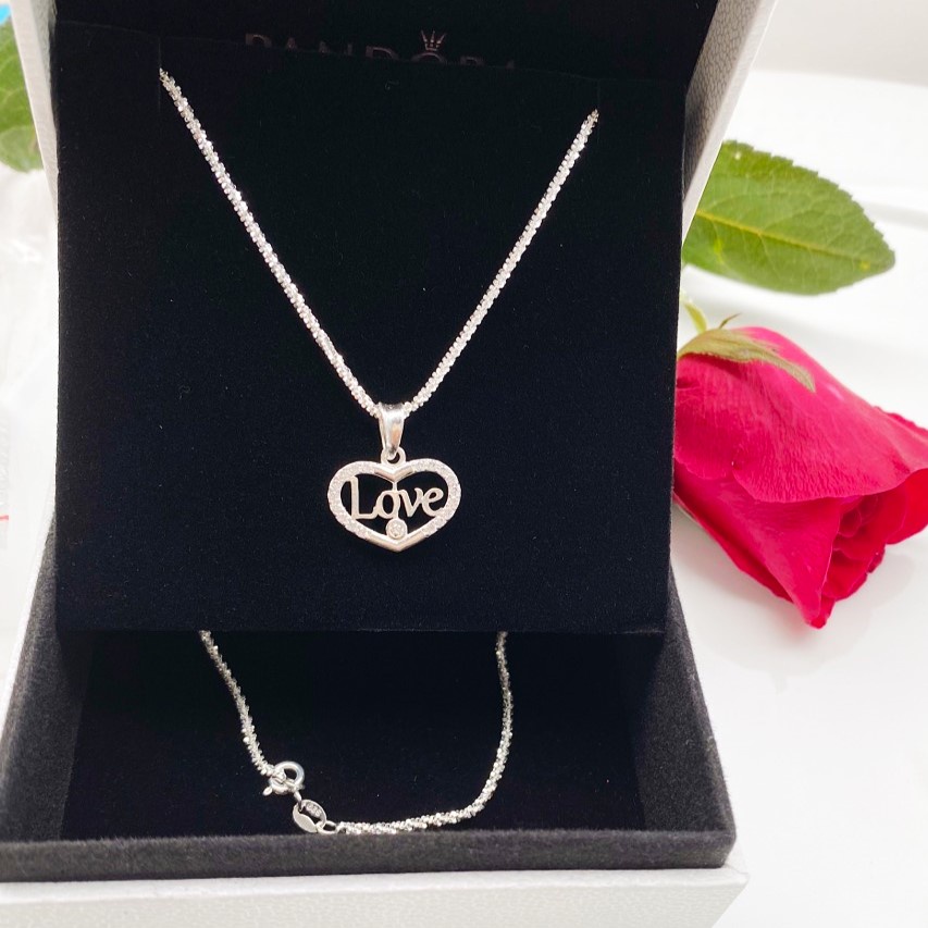 Dây chuyền bạc nữ mặt trái tim khắc chữ Love, Vòng cổ dây xù chất liệu bạc Ý cao cấp
