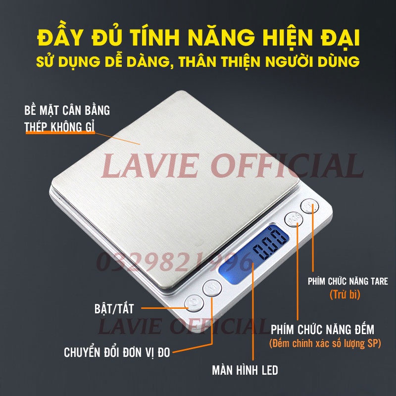 Cân Tiểu Ly Điện Tử Nhà Bếp Độ Chính Xác Cao Định Lượng 0.1g - 3kg, Cân Tiểu Ly Dùng Làm Bánh, Cân Khẩu Phần Ăn BH 12T