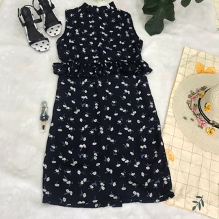 Đầm voan peplum Hàn Quốc hoa nhí xanh đen