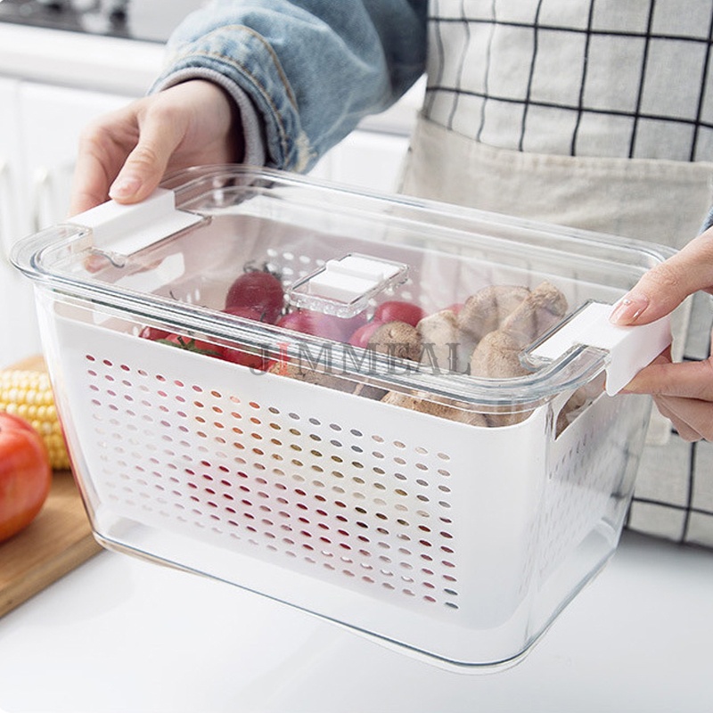 Hộp Nhựa Đựng Thực Phẩm Tủ Lạnh Chia Ngăn Thoát Nước Có Khóa Kín Tiện Dụng 4.5L Hộp Bảo Quản Thực Phẩm Trong Tủ Lạnh