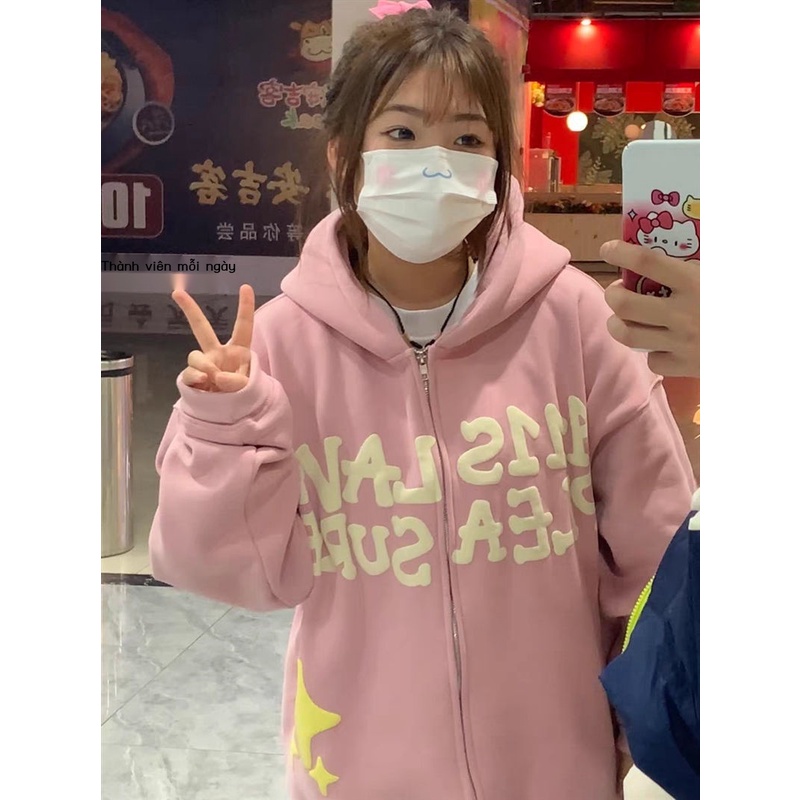 Áo Khoác Hoodie Mỏng Dáng Rộng Màu Hồng Phong Cách Hip Hop Mỹ Thời Trang Xuân Thu Cho Nữ
