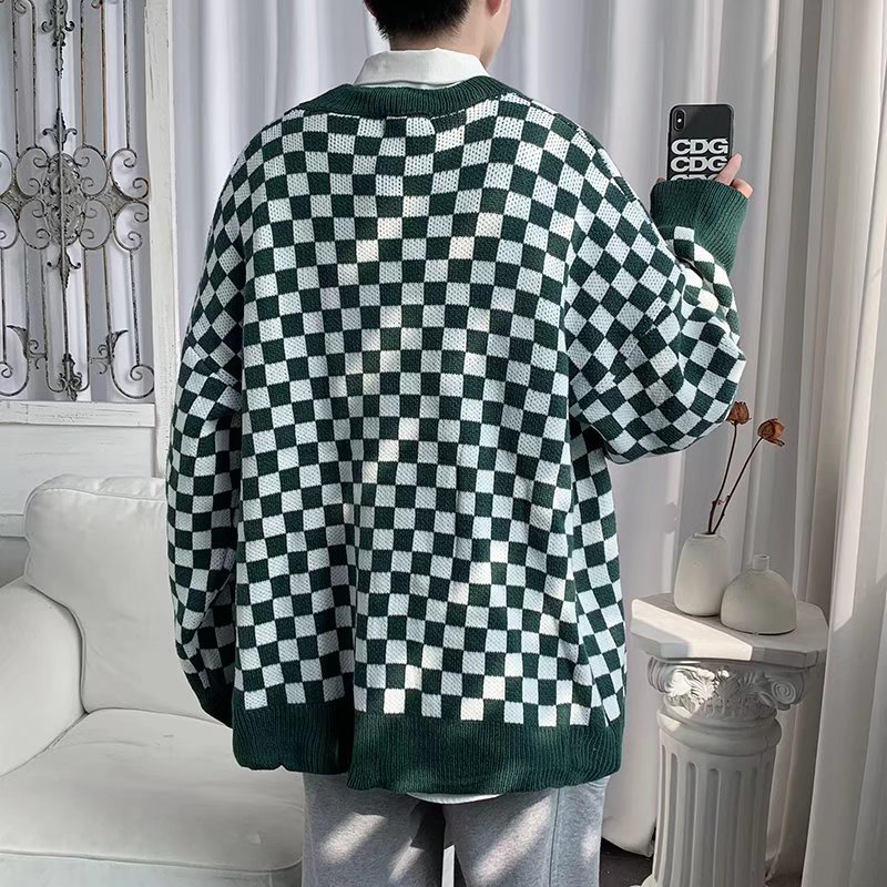 Áo khoác cardigan dệt kim mỏng in hoạ tiết caro phong cách mùa xuân học đường cho nam và nữ