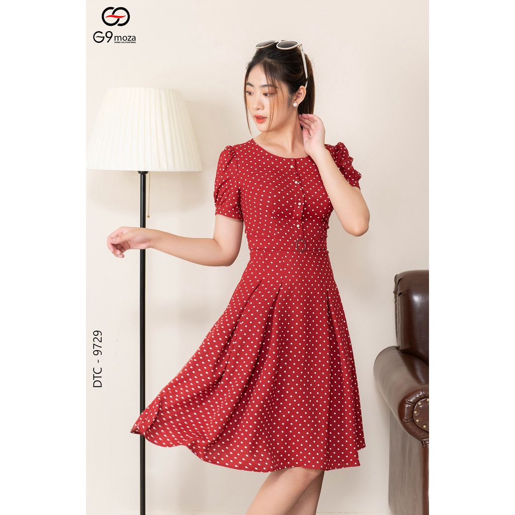 Đầm tay cộc 9729 chấm bi đính cúc ngực,váy xếp ly súp G9moza, chất cát hàn thoáng mát