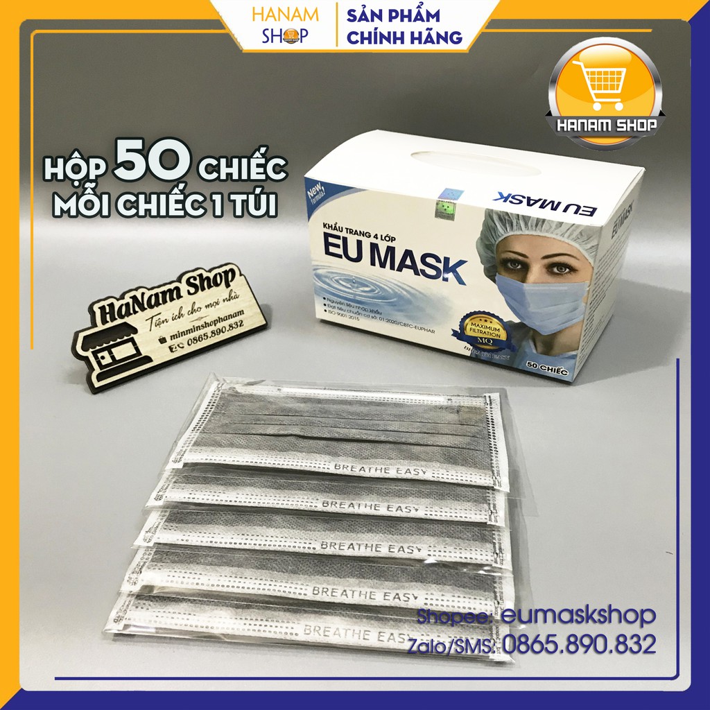 Khẩu trang y tế 4 lớp hộp 50 chiếc (mỗi chiếc 1 túi đựng riêng)