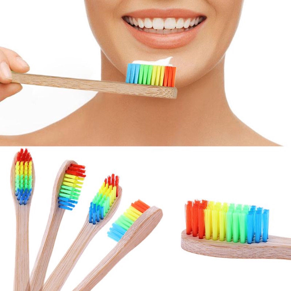 [Hàng mới về] Bàn chải đánh răng sợi cọ màu cầu vồng có tay cầm bằng tre chăm sóc chất lượng cao