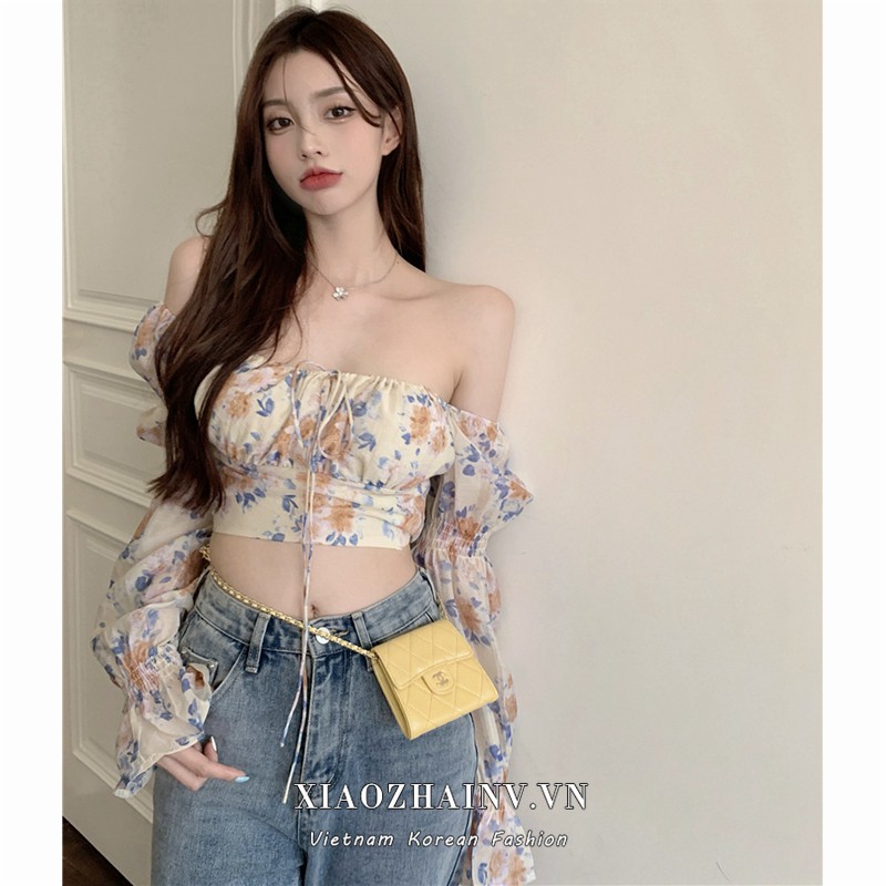 Xiaozhainv Áo Dáng Ngắn Tay Dài Họa Tiết Bông Nhí Thời Trang Gợi Cảm Cho Nữ