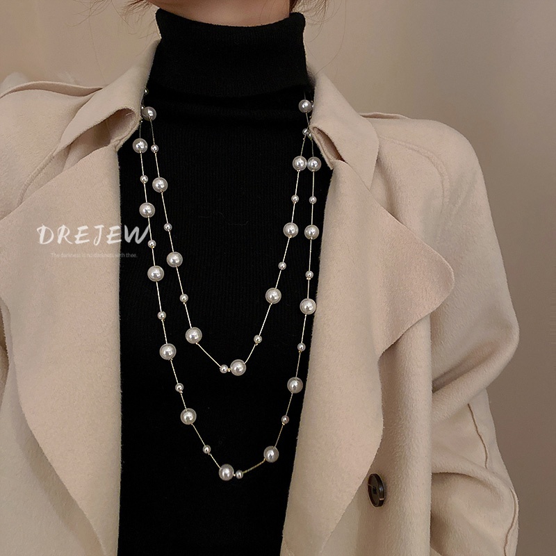 DREJEW Dây chuyền ngọc trai dáng dài phong cách hoàng gia thanh lịch