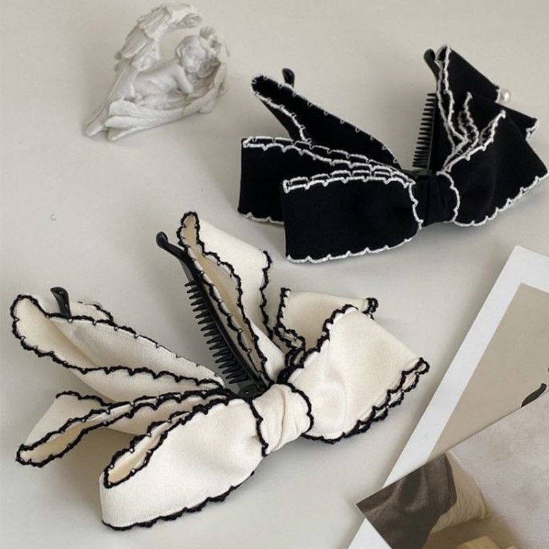 Kẹp Tóc Nơ Màu Trắng/Đen Kiểu Dáng Đơn Giản Phong Cách Hàn Quốc