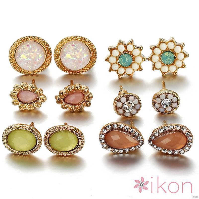 Bộ 6 đôi bông tai hợp kim nhiều kiểu dáng đính đá nhiều màu