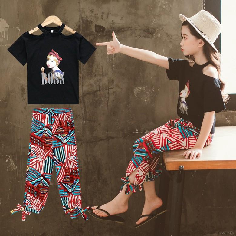 Set áo thun hở vai & quần short in hoa cho bé gái