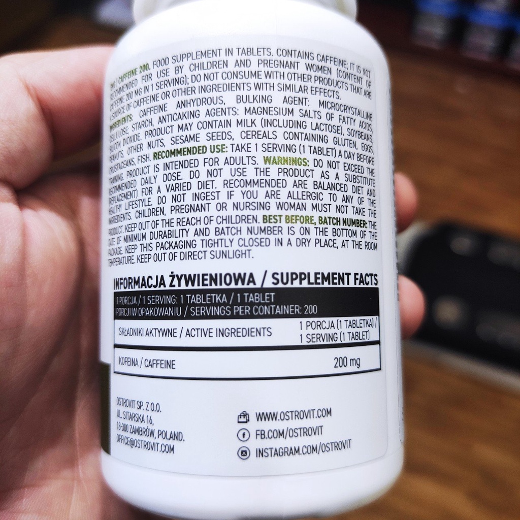 CAFEIN DẠNG VIÊN OSTROVIT 200 VIÊN,TỈNH TÁO TẬP TRUNG, TĂNG HIỆU SUẤT TẬP LUYỆN - HÀNG BALAN