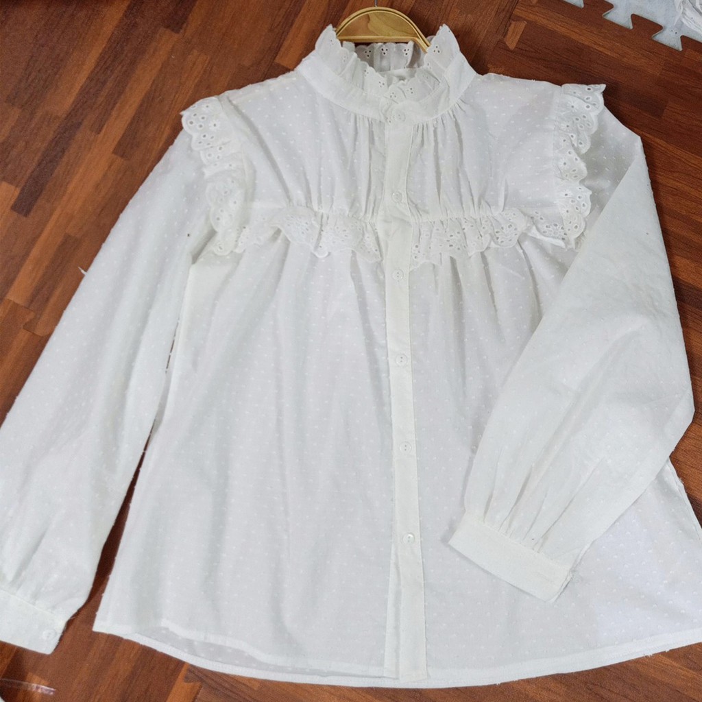 Áo babydoll cổ bèo vải thêu tiểu thư (hàng QC) - Ảnh thật cận chất 1000%