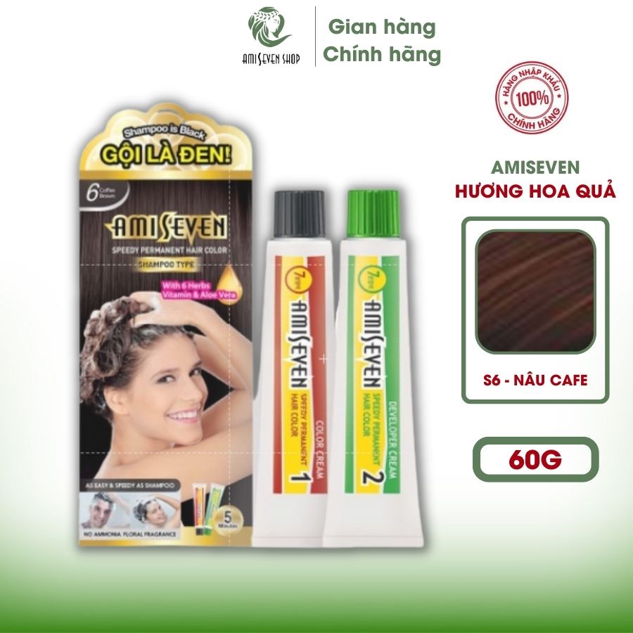 Gội phủ bạc Thảo dược Ami Seven, Màu Nâu Cafe Số 6 Hương Hoa Quả kèm phụ kiện nhuộm (60g + 60g)