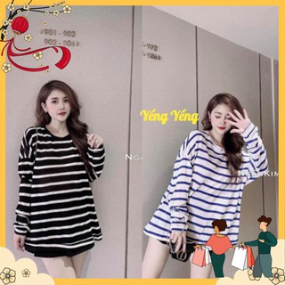 Áo phông nữ dáng thụng dài tay kẻ ngang
