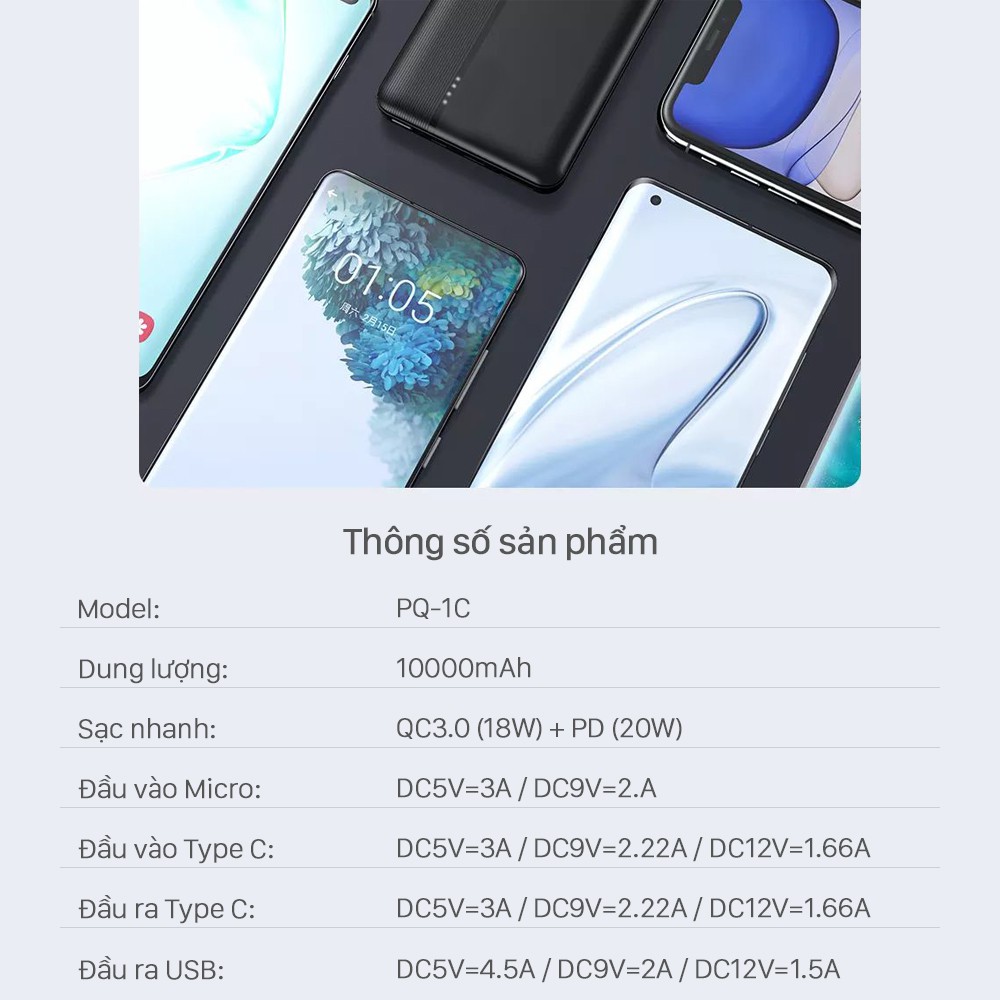 Sạc dự phòng JUYUPU 1C 10000mAh sạc nhanh PD QC3.0 chính hãng cho  iPhone Samsung OPPO HUAWEI XIAOMI cục sạc dự phòng