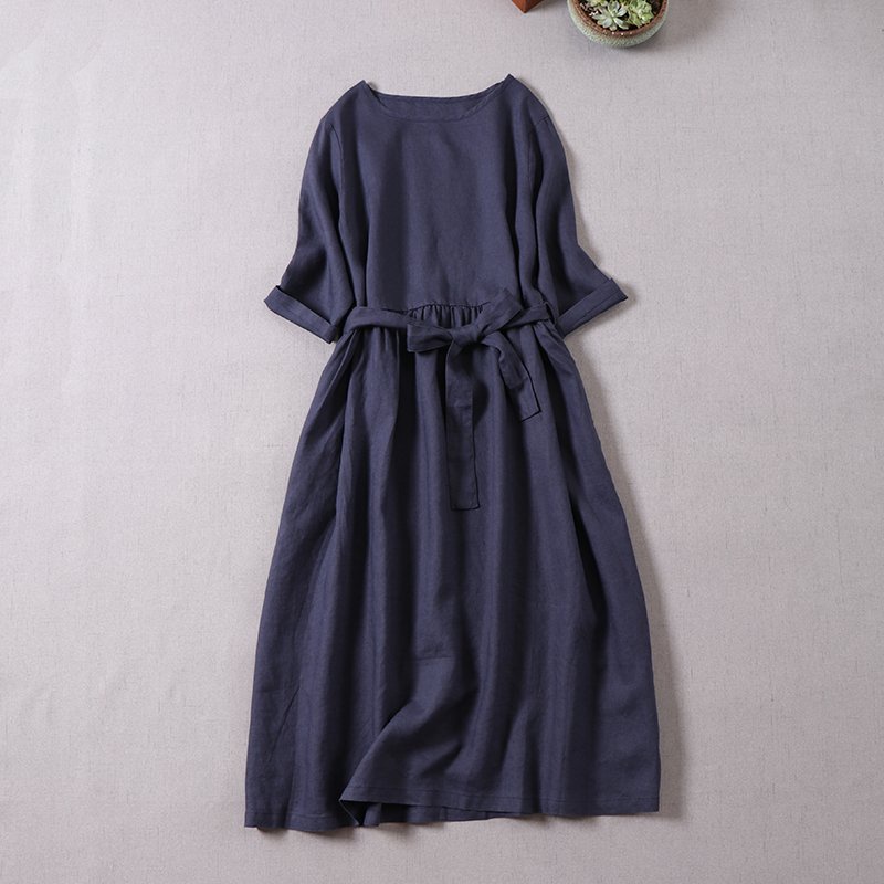 Đầm suông linen dáng chữ A cổ tròn tay lỡ xanh than, chất đũi mềm mát, thời trang phong cách Hàn Quốc